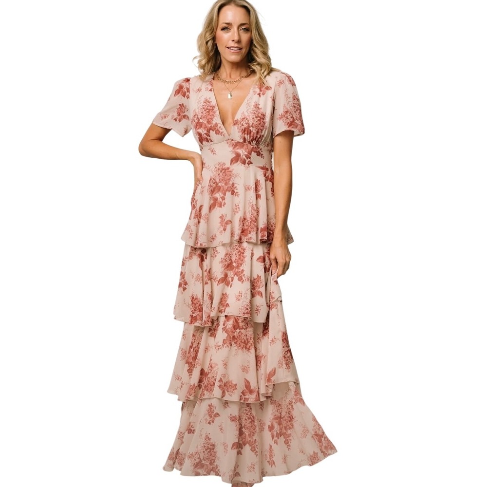 BALTIC BORN‎ Montaigne Ruffle Maxi Dress Rose Floral XS V Neck Tiered